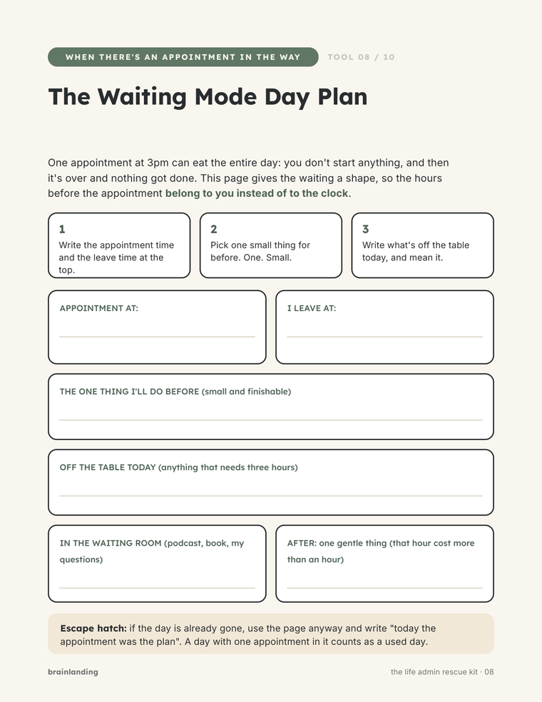 The Waiting Mode Day Plan, a printable page for the day a single appointment would otherwise take over